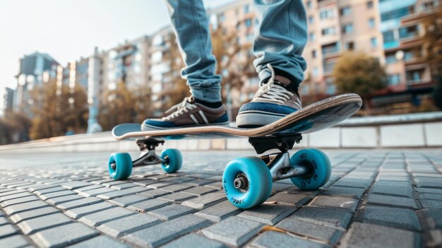 Una persona está de pie en una patineta en una ciudad