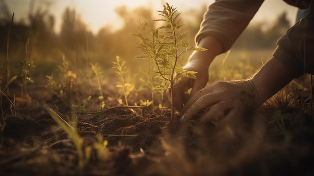 Una persona está plantando un árbol en un campo.