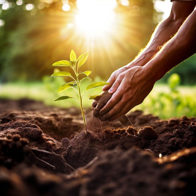 una persona está plantando una planta en el suelo