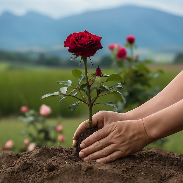 Una persona está plantando una rosa en un jardín