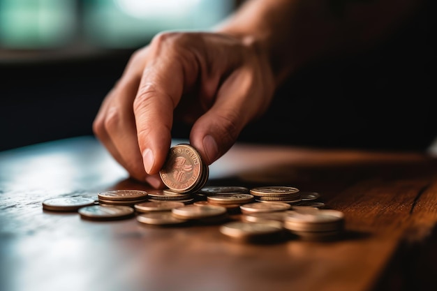 Una persona está poniendo una moneda en una pila de monedas.