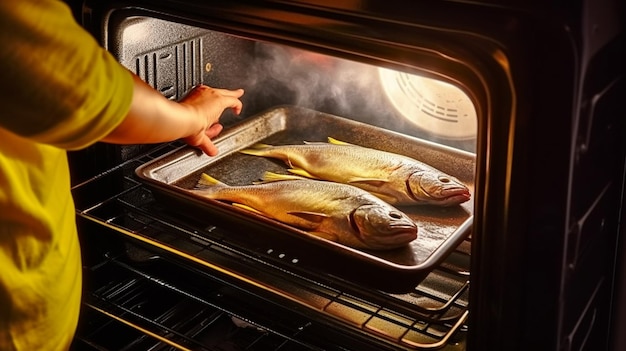 Una persona está poniendo un pescado en el horno.