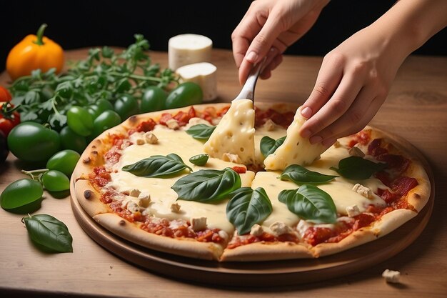 Una persona está poniendo queso en una pizza con unas pocas hojas arc