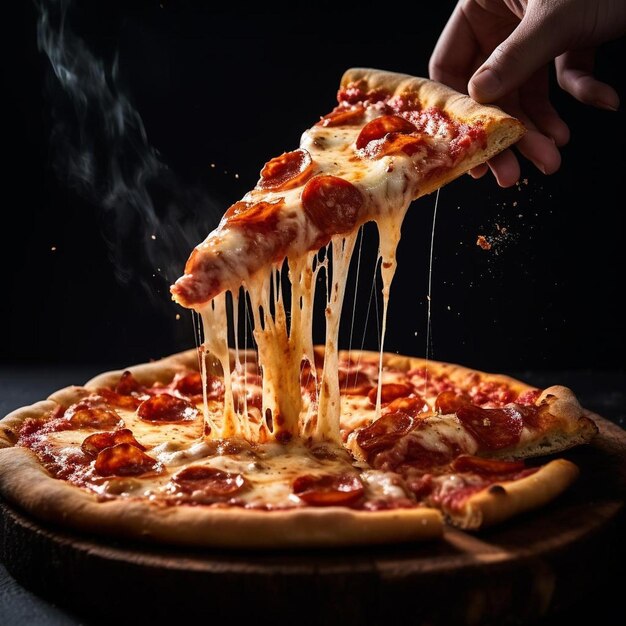 una persona está poniendo una rebanada de pizza en una tabla de madera.