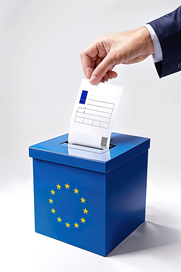 Una persona está poniendo su voto dentro de una caja de votación La caja tiene las estrellas de la bandera de la Unión Europea