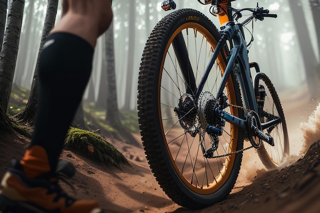 Una persona está sentada en una bicicleta de montaña en el bosque con una bicicleta en el suelo.