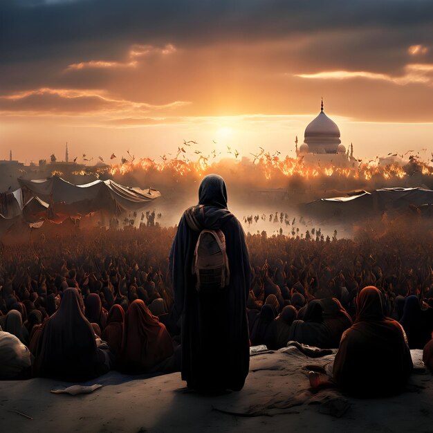 una persona está sentada frente a una gran multitud de personas viendo una puesta de sol