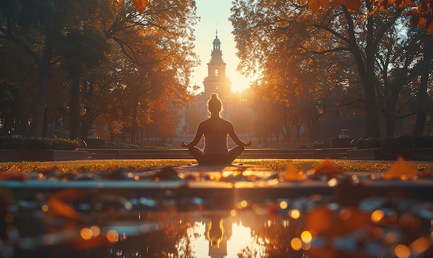 una persona está sentada en un parque con el sol brillando a través de los árboles