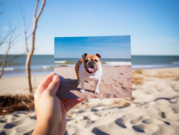 una persona está sosteniendo una foto de un perro en la playa.