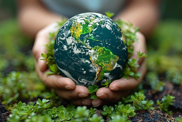 La persona está sosteniendo un globo con plantas Concepto de la Tierra del Día