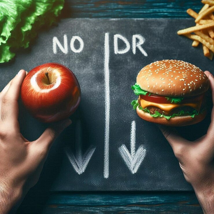 una persona está sosteniendo una hamburguesa y una manzana y un cartel que dice no