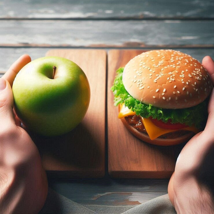 una persona está sosteniendo una hamburguesa con una manzana verde en el tablero