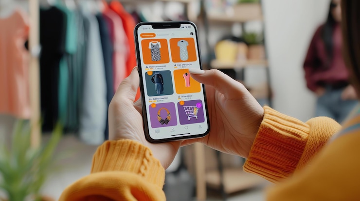 Foto una persona está sosteniendo un teléfono y comprando ropa en una aplicación están en una tienda y hay ropa en estanterías en el fondo