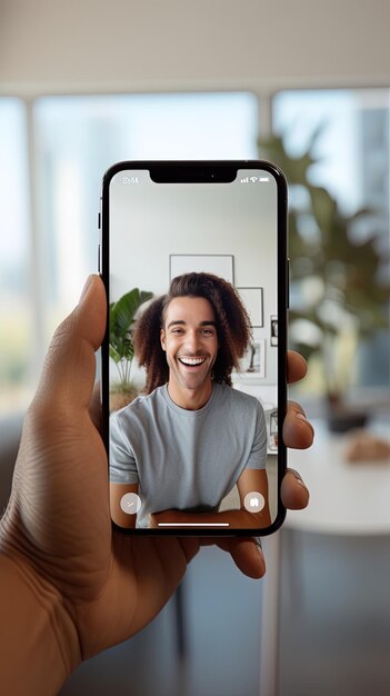 una persona está sosteniendo un teléfono con una imagen de un hombre con una cámara en él