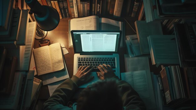 Una persona está trabajando en una computadora portátil en una habitación débilmente iluminada El escritorio está cubierto de libros y papeles La persona lleva un suéter verde