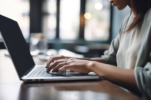 Una persona está trabajando en una computadora portátil mientras está sentada en un café generativo ai