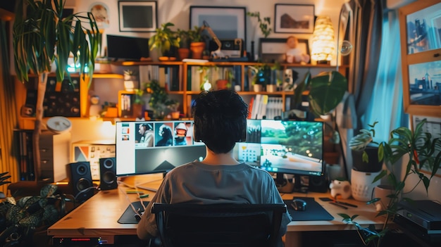 Una persona está trabajando en una configuración de pantalla múltiple en una oficina en casa llena de plantas que muestran un acogedor y