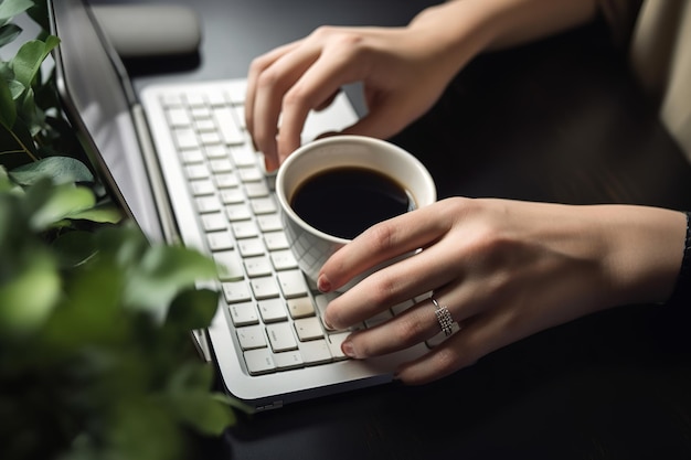 Una persona está trabajando de forma remota en una computadora portátil y bebiendo una taza de café generativo ai