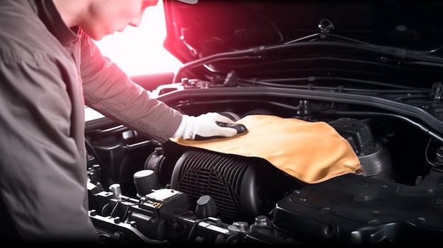 Una persona está trabajando en un motor de automóvil.