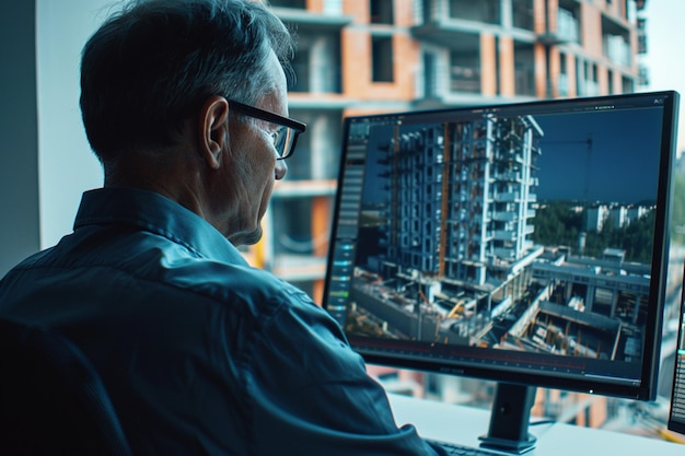 una persona está usando una computadora y explicando la construcción del edificio a otros en el fondo