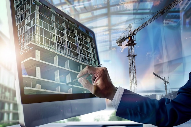 una persona está usando una computadora y explicando la construcción del edificio a otros en el fondo