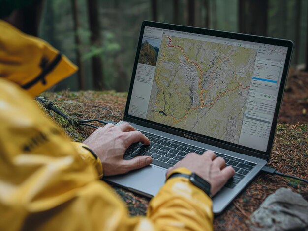Una persona está usando una computadora portátil en el bosque