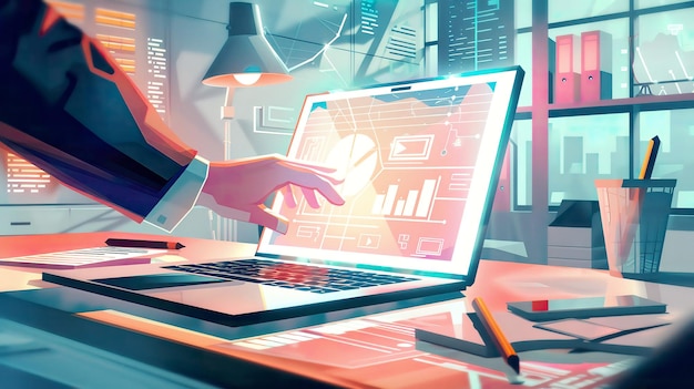 una persona está usando una computadora portátil con un fondo rojo con un gráfico de un gráfico