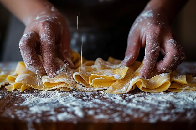 una persona está usando un par de guantes para hacer pasta