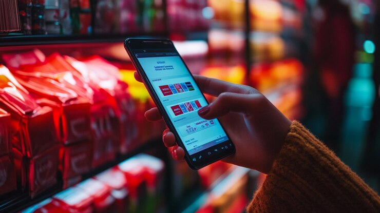 Foto una persona está usando un teléfono celular en una tienda de comestibles