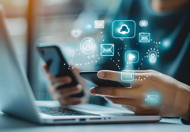 una persona está usando un teléfono y un teléfono con el texto en él