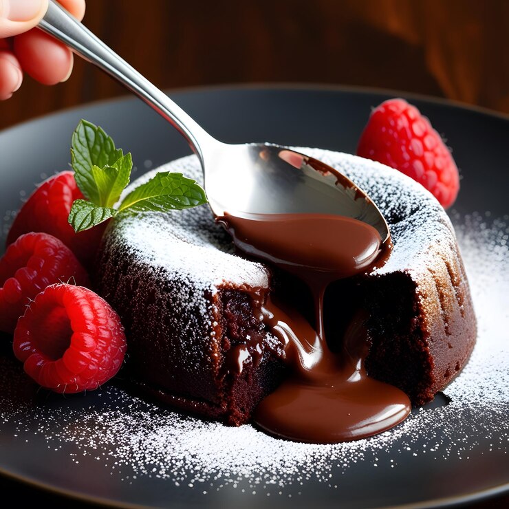 una persona está vertiendo una cuchara en un pastel de chocolate