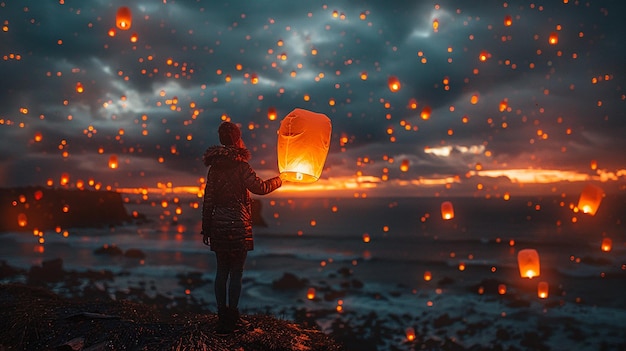 una persona está volando una linterna que está en la playa