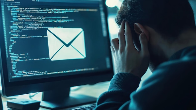Una persona estresada mira una pantalla de computadora que muestra un código y un icono de correo electrónico