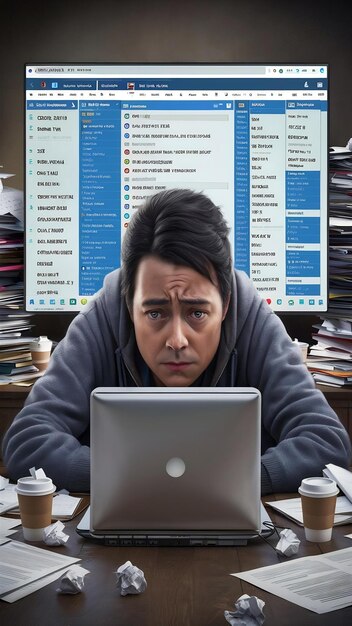Persona estresada se sienta frente a la computadora portátil