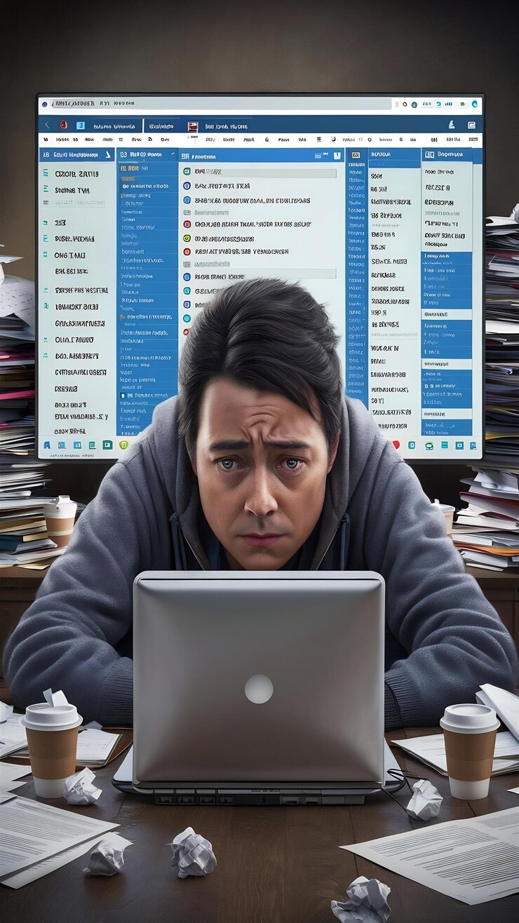 Foto persona estresada se sienta frente a la computadora portátil