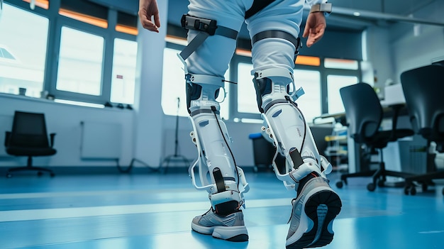 Foto una persona con un exoesqueleto camina por un pasillo el exoeskeleto es blanco y gris y tiene la palabra future en él
