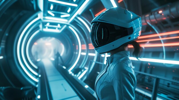 Foto una persona explorando el interior de una nave espacial futurista con un auricular de realidad virtual