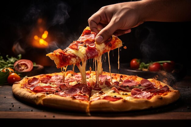 Una persona exprimiendo una cuña de limón sobre una pizza de carne