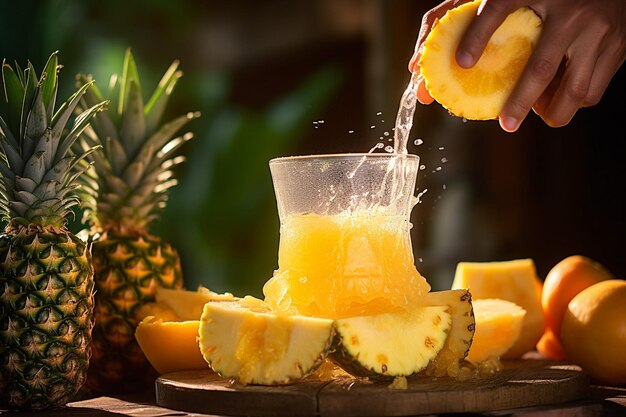 Una persona exprimiendo una piña fresca para obtener jugo