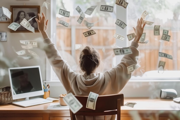 La persona feliz está ganando mucho dinero en línea