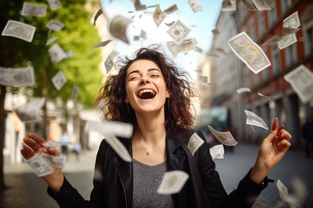 Persona feliz recibiendo dinero de bonificación y billetes de banco volando en el aire y obtener la suerte rico y libertad financiera atractivo