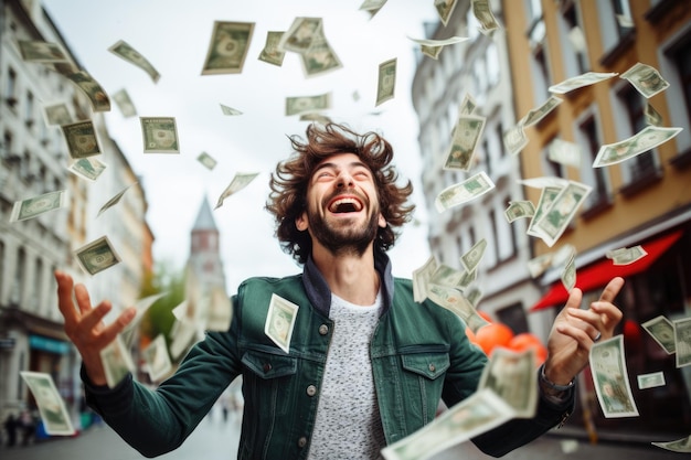 Foto persona feliz recibiendo dinero de bonificación y billetes de banco volando en el aire y obtener la suerte rico y la libertad financiera belleza