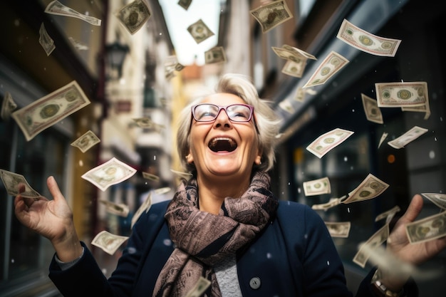 Persona feliz recibiendo dinero de bonificación y billetes de banco volando en el aire y obtener la suerte rico y la libertad financiera belleza