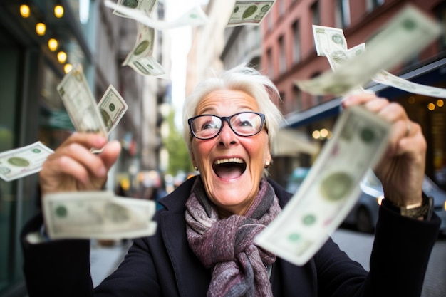 Persona feliz recibiendo dinero de bonificación y billetes volando en el aire