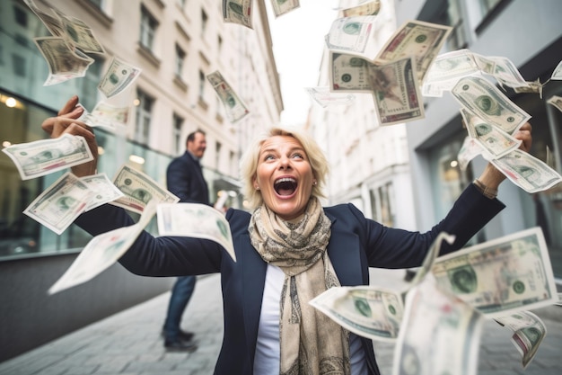 Persona feliz recibiendo dinero de bonificación y billetes volando en el aire