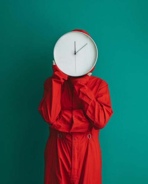 Persona femenina irreconocible en traje rojo escondiendo su cara detrás de un gran reloj redondo con un dial blanco