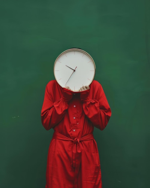 Persona femenina irreconocible en traje rojo escondiendo su cara detrás de un gran reloj redondo con un dial blanco