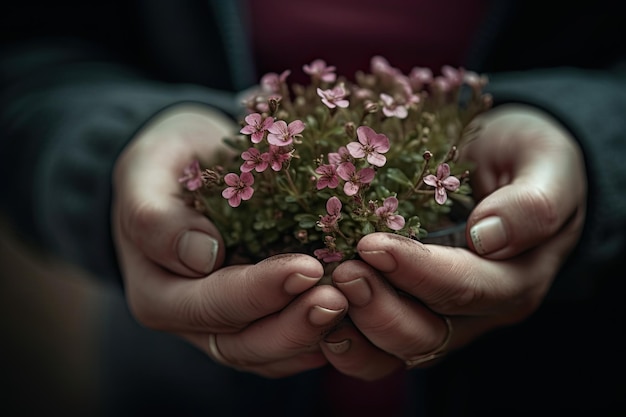 Una persona con flores rosas en las manos