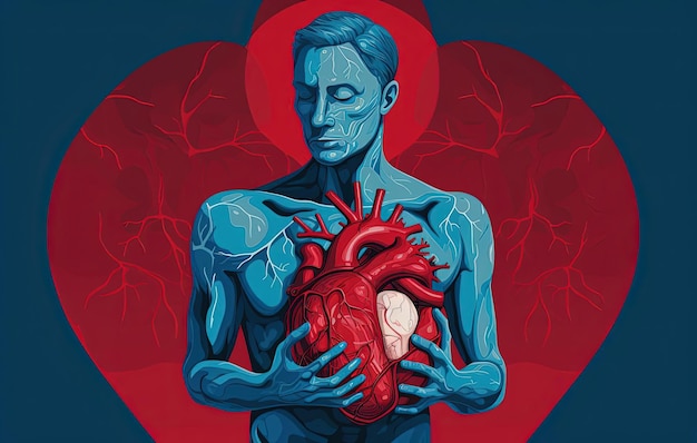 persona con fondo azul en el pecho y vaso rojo al estilo de las ilustraciones científicas