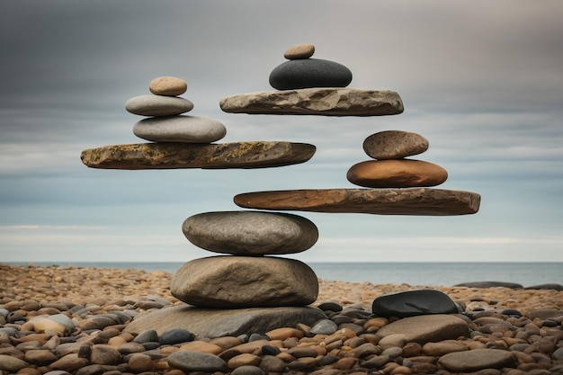 Foto una persona en forma de marcador de piedra o cairn con una cabeza de dos piedras en una playa rocosa en un oscuro y dramático